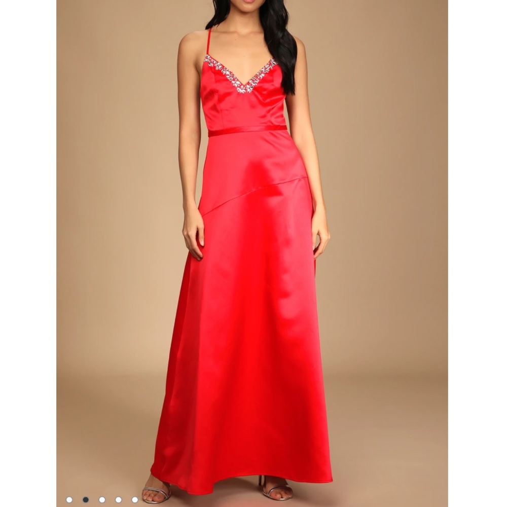 Lulus In My Fantasy Red Satin Rhinestone Maxi Dress